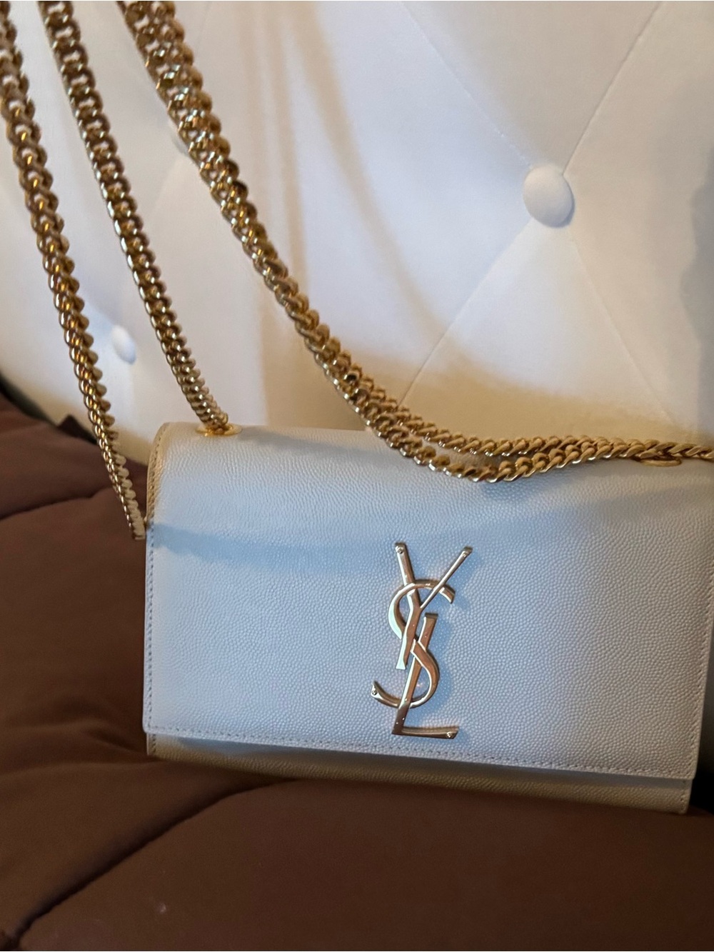 NWOT Saint Laurent Kate Classic Monogram Grainy Leather White Gold Hardware Smal